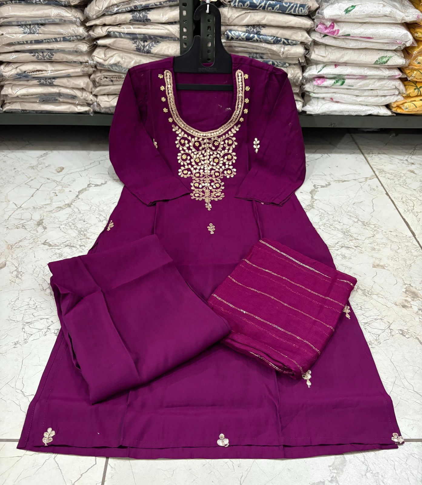 Roman Modal Silk Kurti Pant Set with Gota Patti & Chiffon Jacquard Dupatta