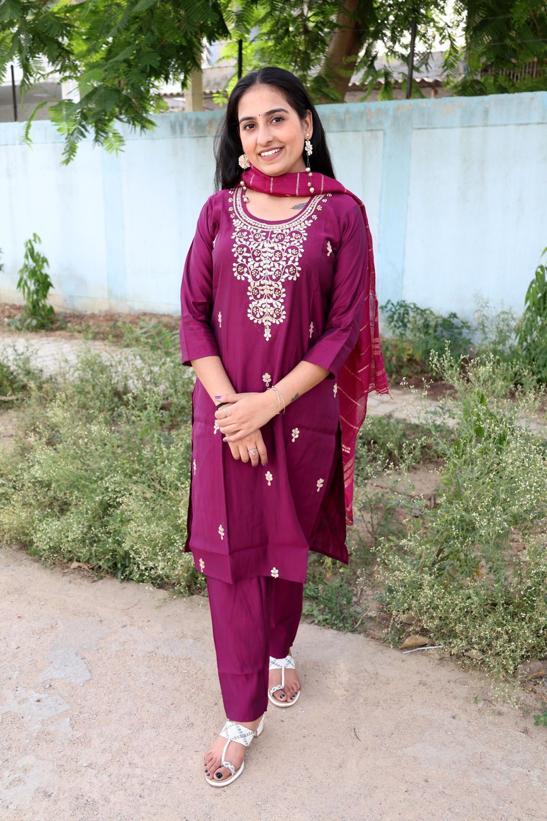 Roman Modal Silk Kurti Set with Chiffon Dupatta & Gota Patti Work