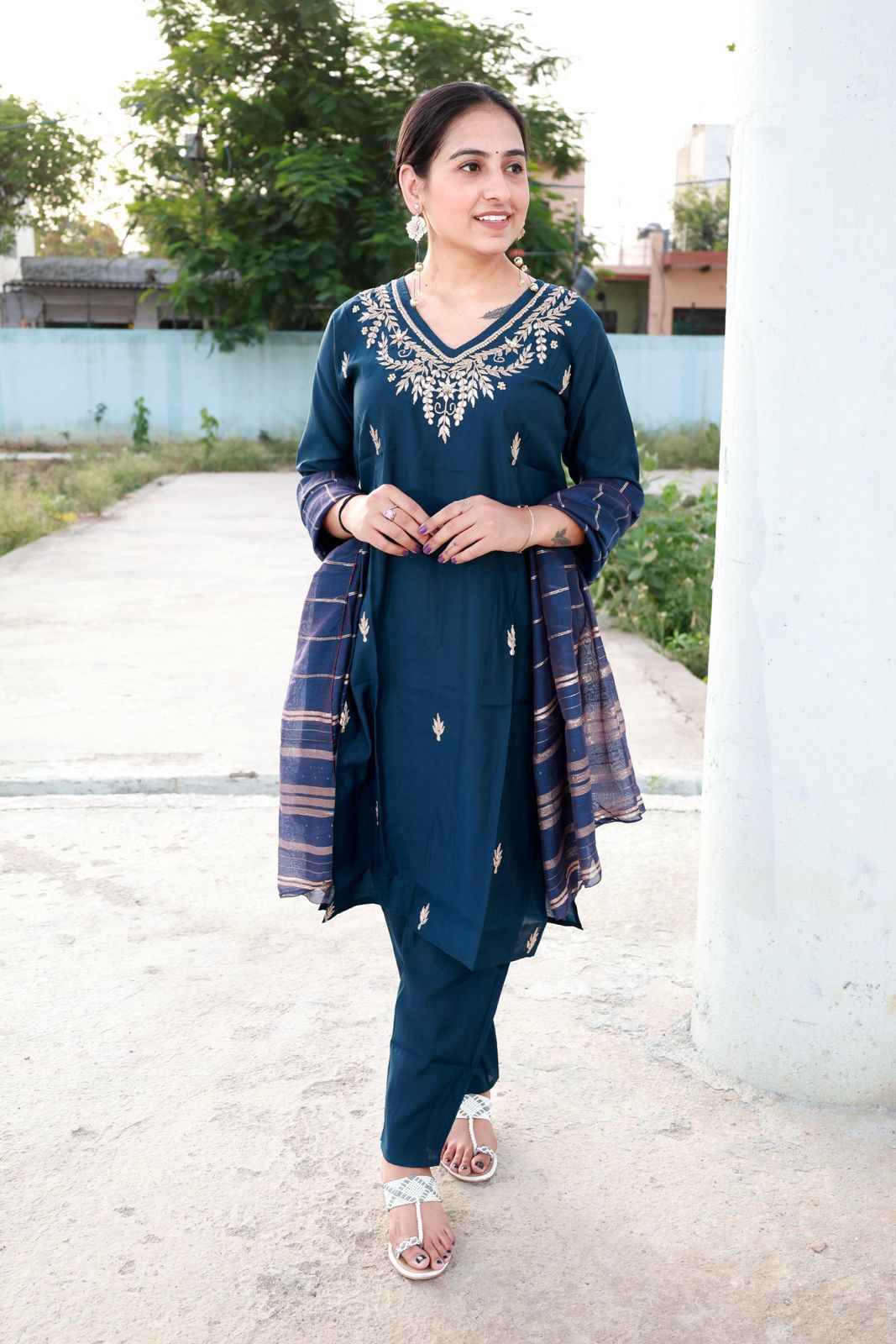 Roman Modal Silk Kurti Set with Chiffon Dupatta & Gota Patti Work
