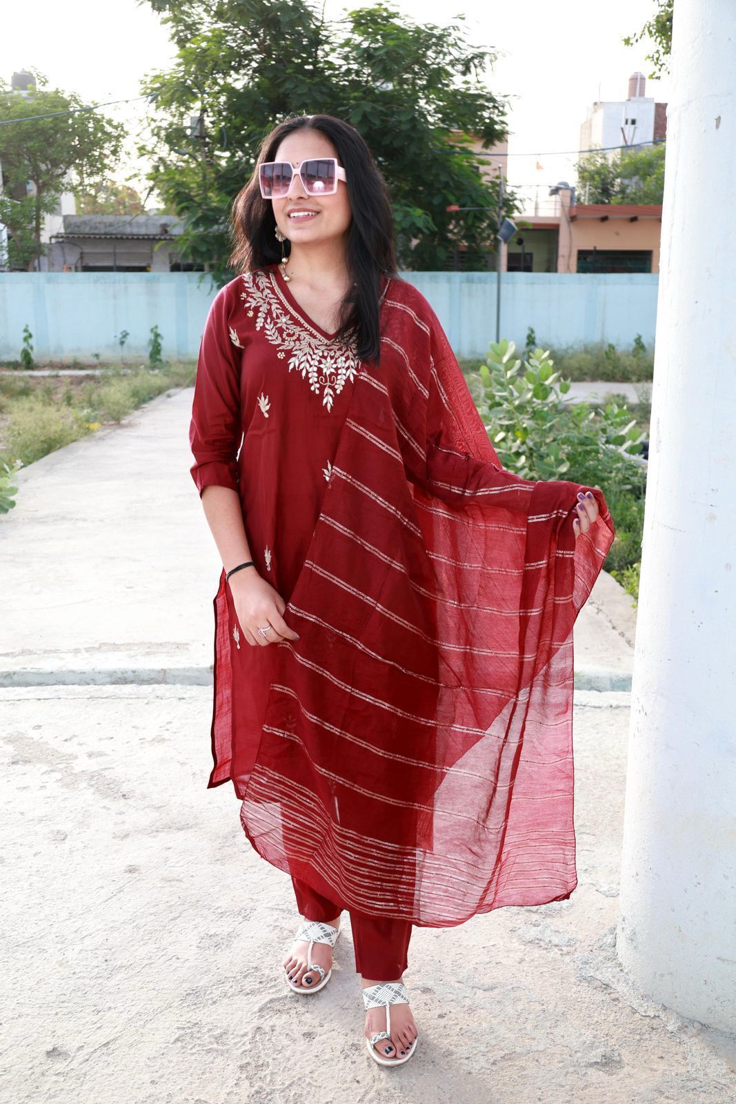 Roman Modal Silk Kurti Set with Chiffon Dupatta & Gota Patti Work