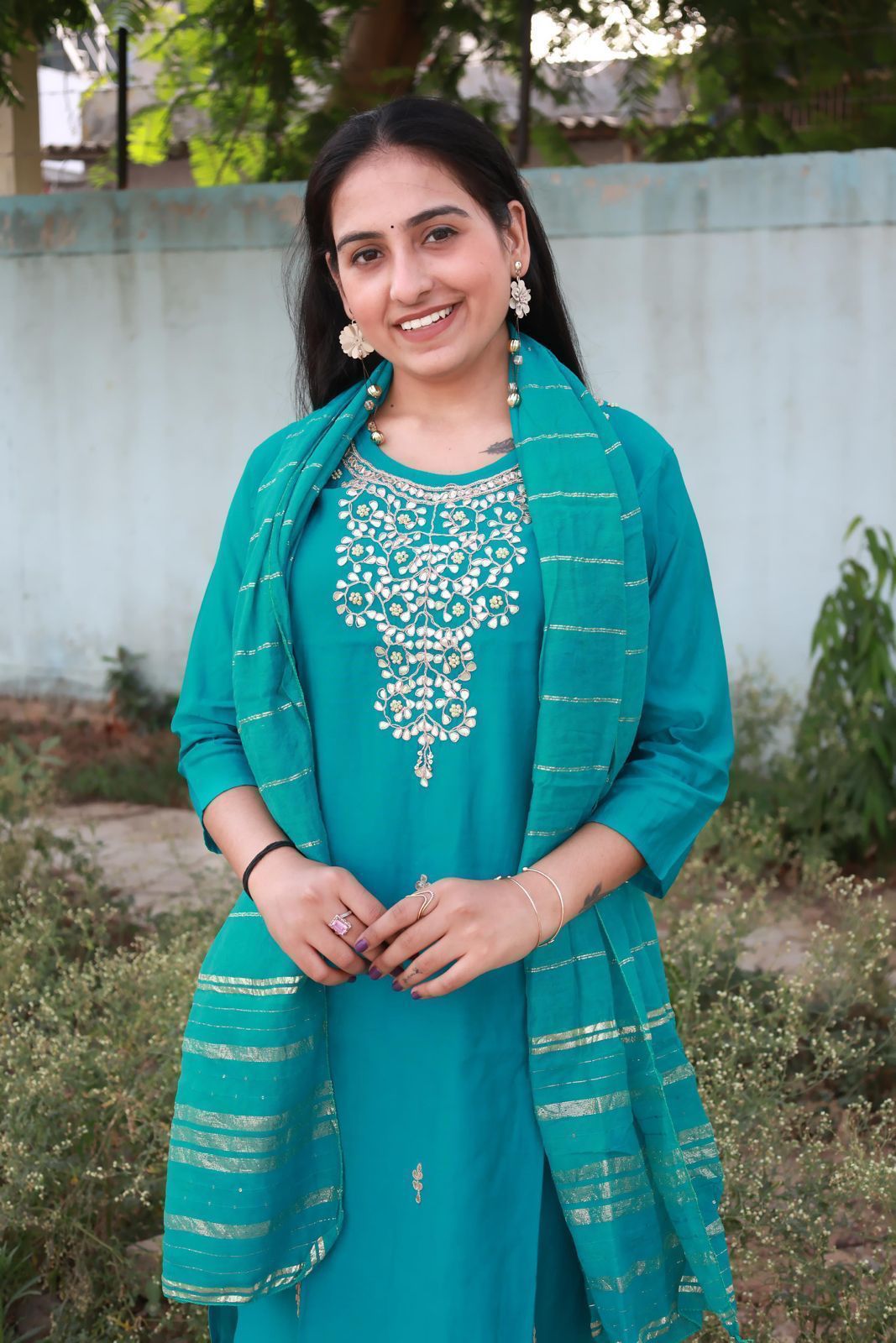 Roman Modal Silk Kurti Set with Chiffon Dupatta & Gota Patti Work