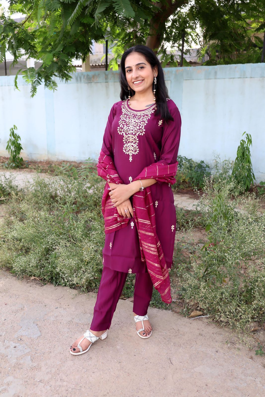 Roman Modal Silk Kurti Set with Chiffon Dupatta & Gota Patti Work