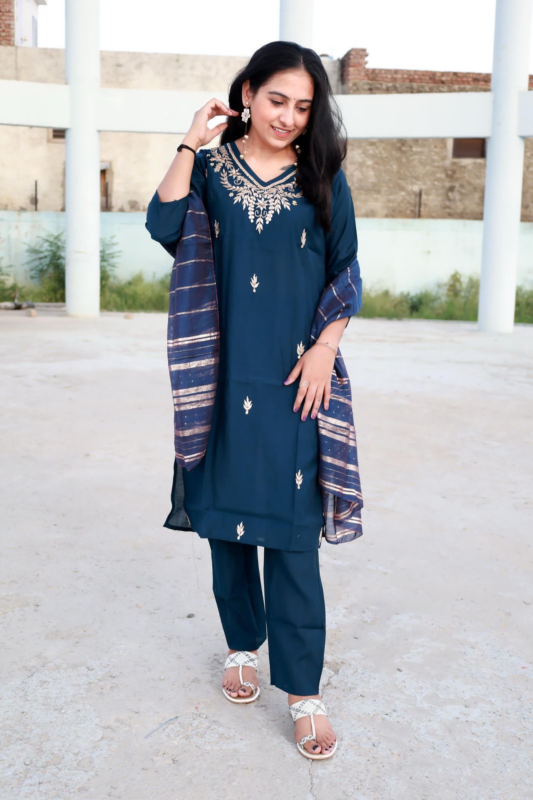 Roman Modal Silk Kurti Set with Chiffon Dupatta & Gota Patti Work