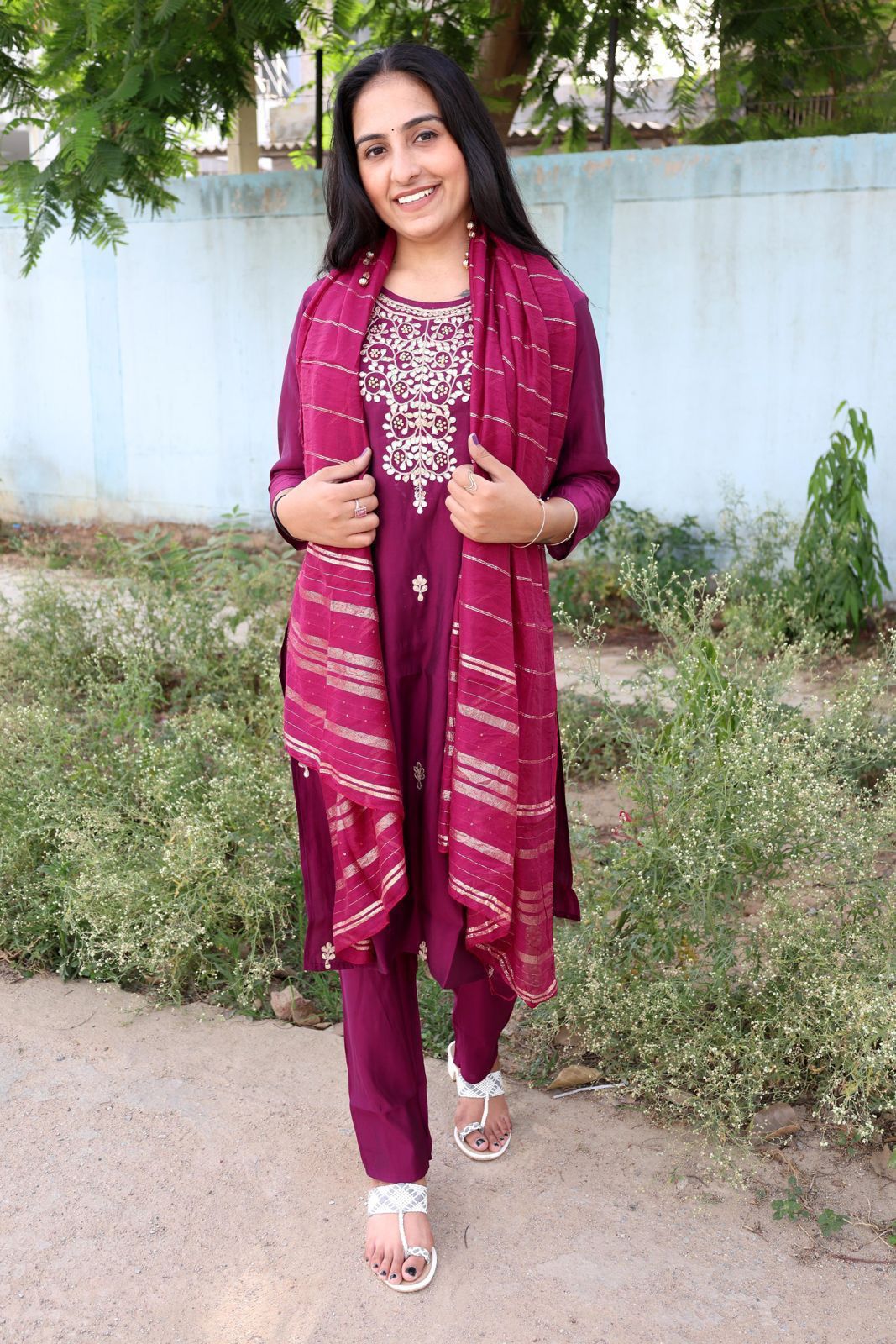 Roman Modal Silk Kurti Set with Chiffon Dupatta & Gota Patti Work
