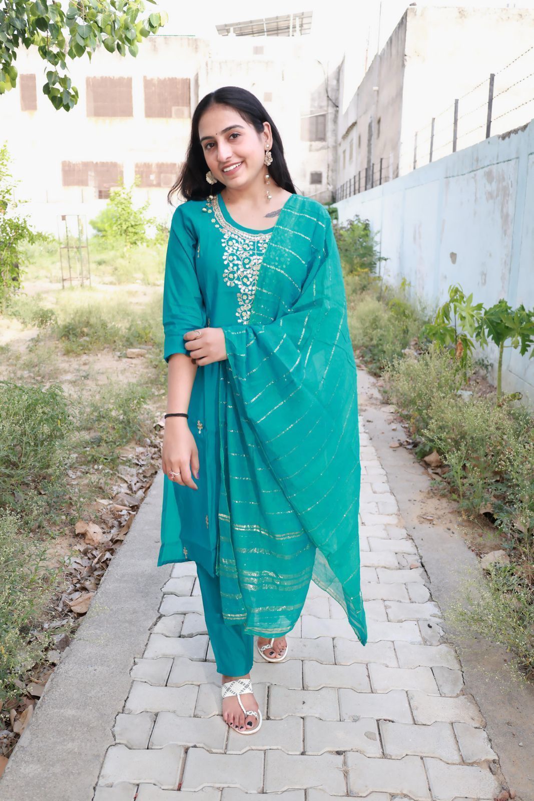 Roman Modal Silk Kurti Set with Chiffon Dupatta & Gota Patti Work