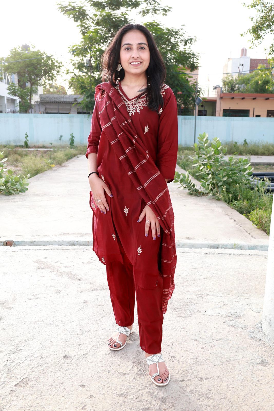 Roman Modal Silk Kurti Set with Chiffon Dupatta & Gota Patti Work