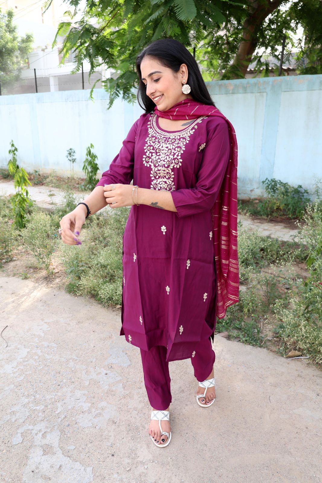 Roman Modal Silk Kurti Set with Chiffon Dupatta & Gota Patti Work