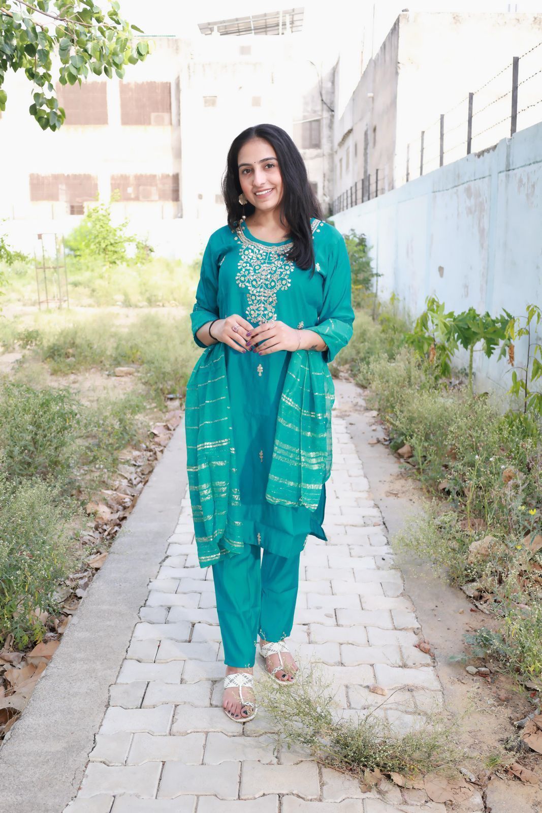 Roman Modal Silk Kurti Set with Chiffon Dupatta & Gota Patti Work