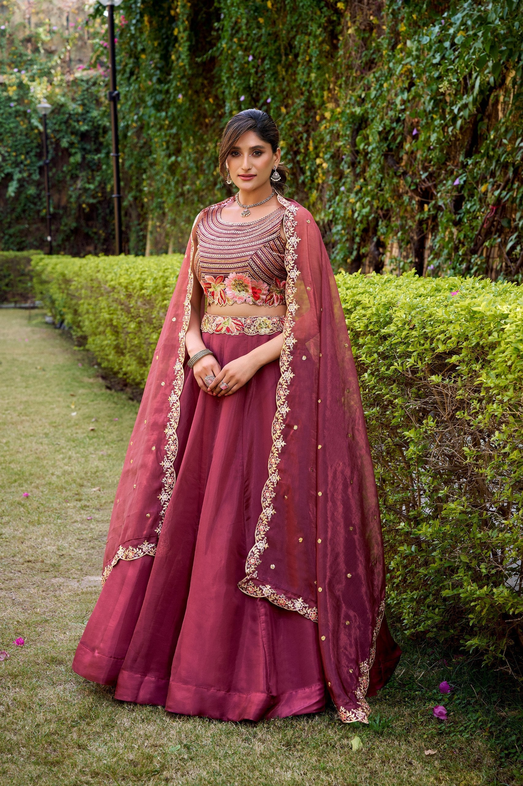 Rose Gold Silk Sequins & Thread Embroidered Lehenga Choli Set