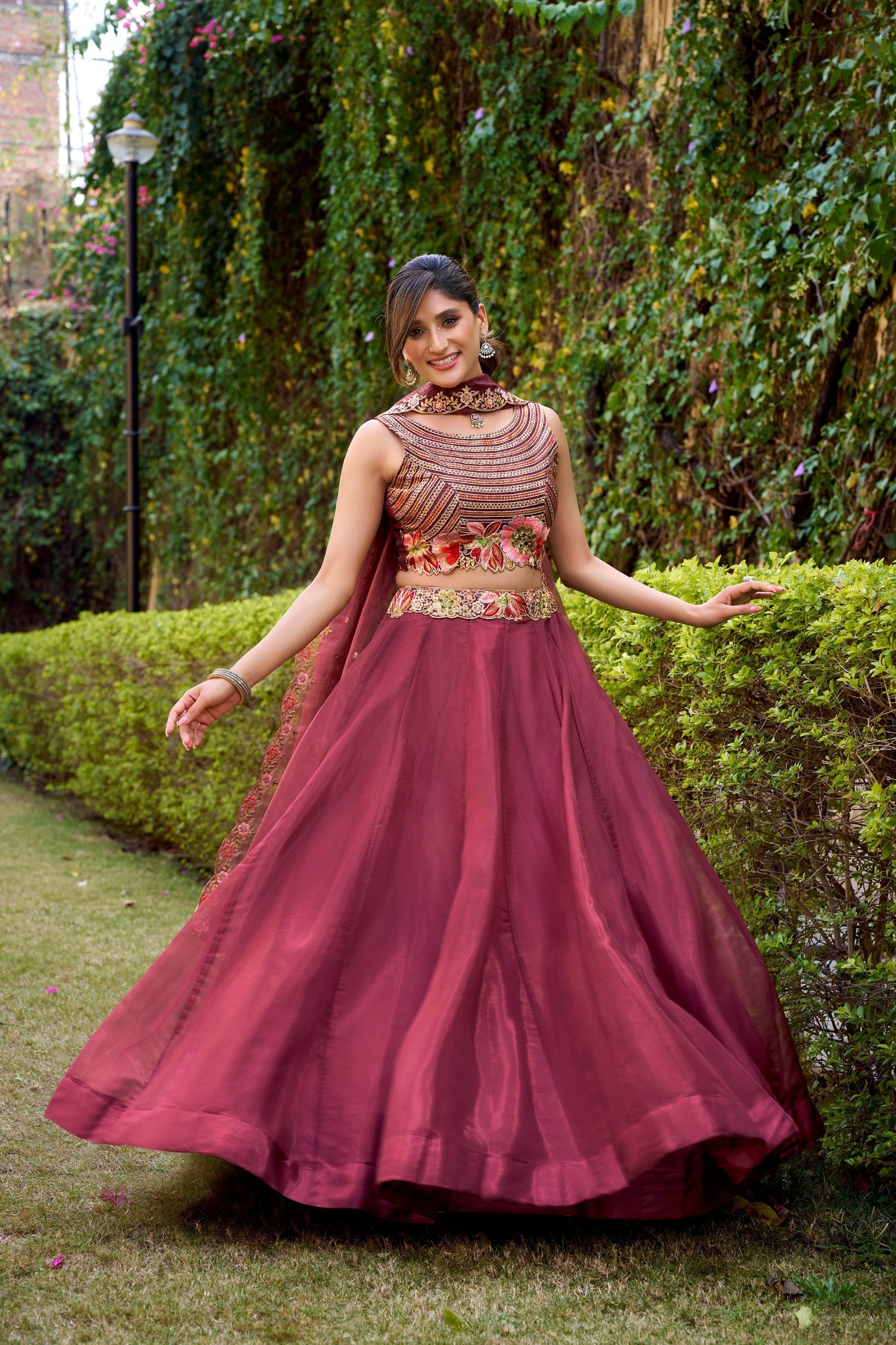 Rose Gold Silk Sequins & Thread Embroidered Lehenga Choli Set