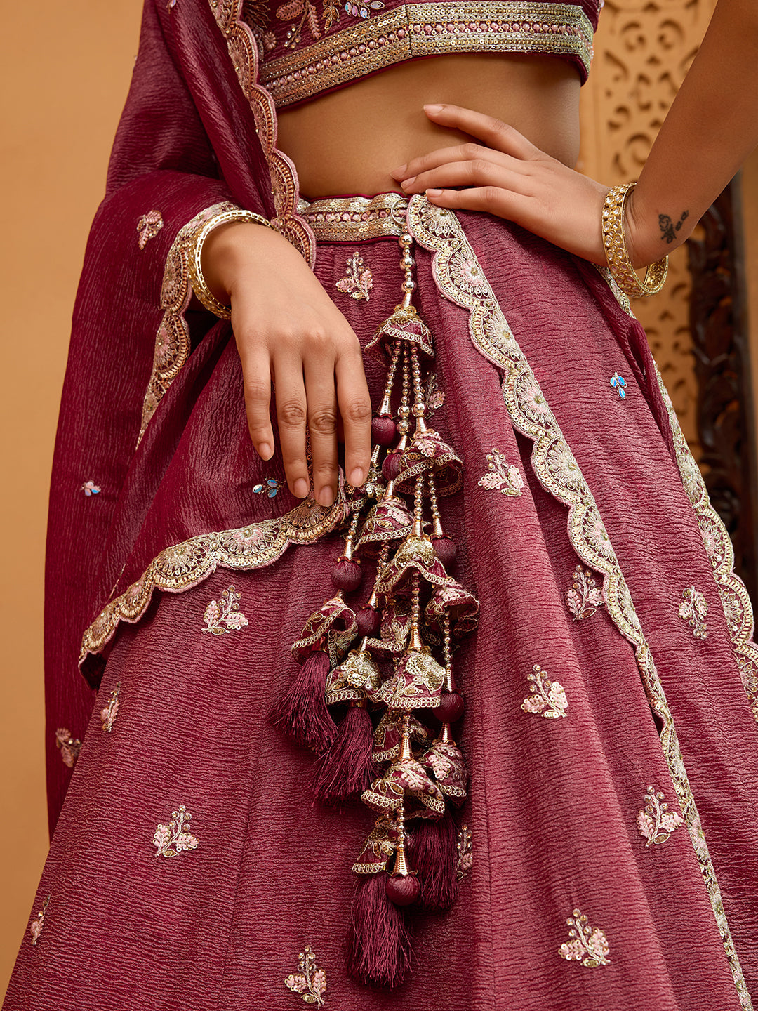 Rose Gold Tissue Lehenga Choli with Sequins, Stones & Thread Embroidery – Full-Flared Semi-Stitched Lehenga with Ethnic Dupatta