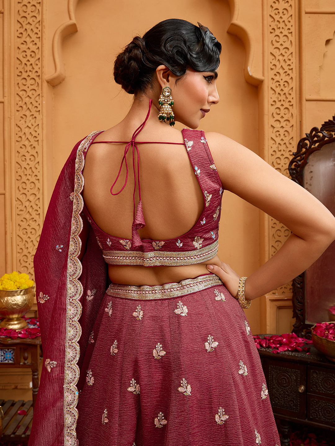 Rose Gold Tissue Lehenga Choli with Sequins, Stones & Thread Embroidery – Full-Flared Semi-Stitched Lehenga with Ethnic Dupatta