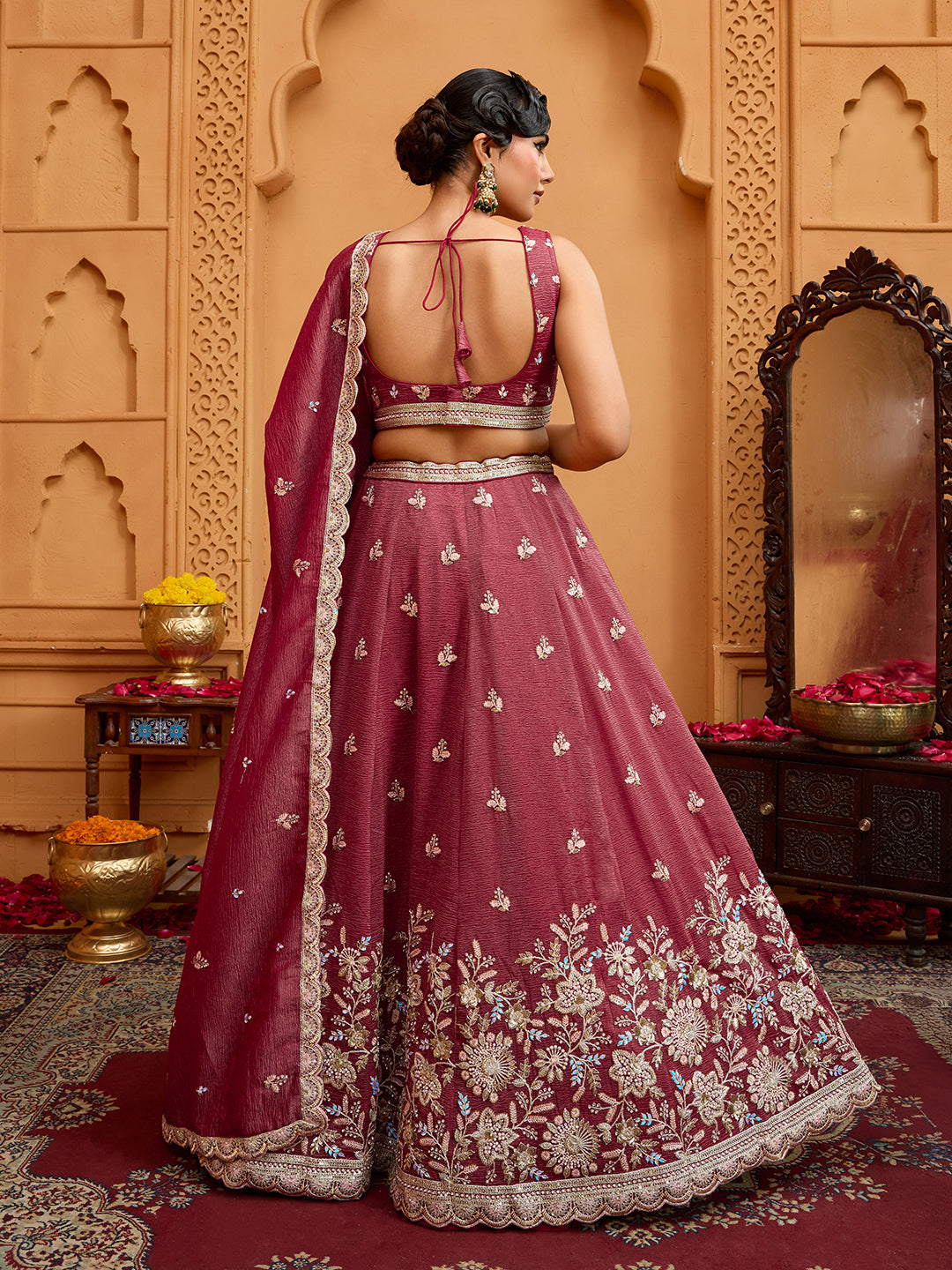 Rose Gold Tissue Lehenga Choli with Sequins, Stones & Thread Embroidery – Full-Flared Semi-Stitched Lehenga with Ethnic Dupatta