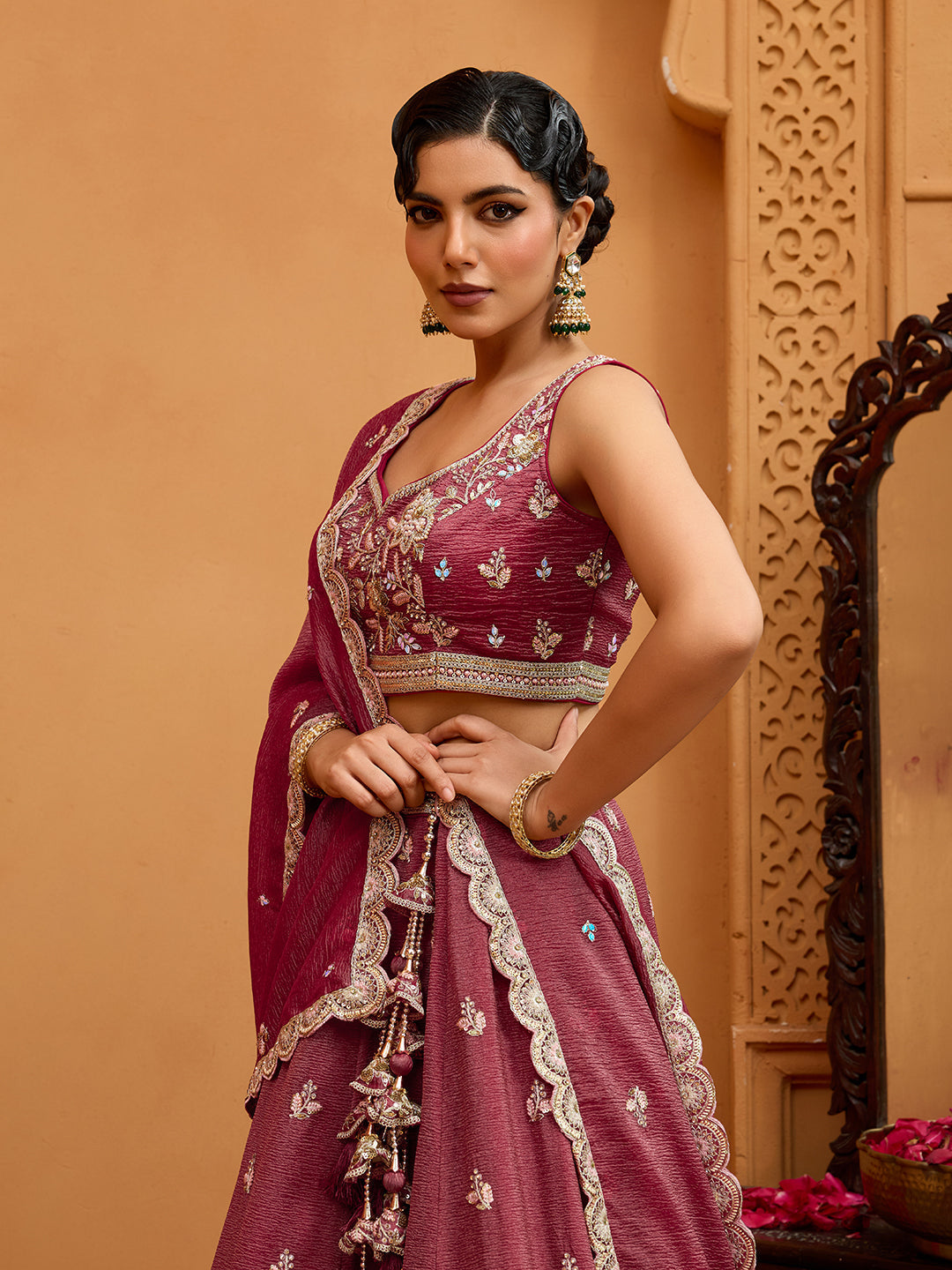 Rose Gold Tissue Lehenga Choli with Sequins, Stones & Thread Embroidery – Full-Flared Semi-Stitched Lehenga with Ethnic Dupatta