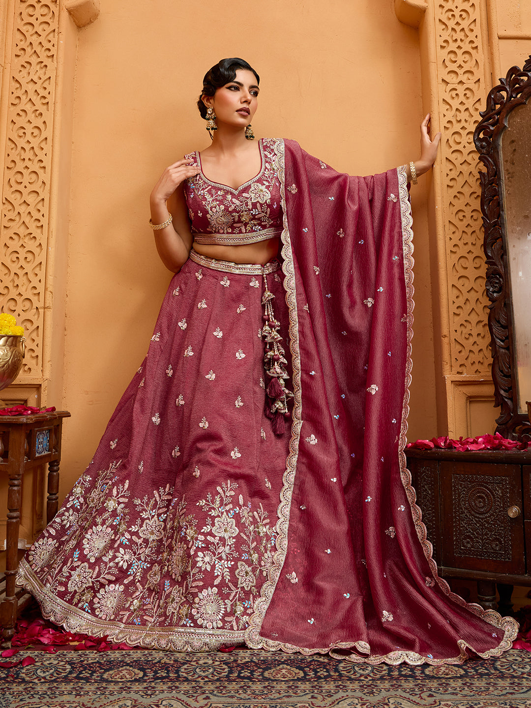 Rose Gold Tissue Lehenga Choli with Sequins, Stones & Thread Embroidery – Full-Flared Semi-Stitched Lehenga with Ethnic Dupatta