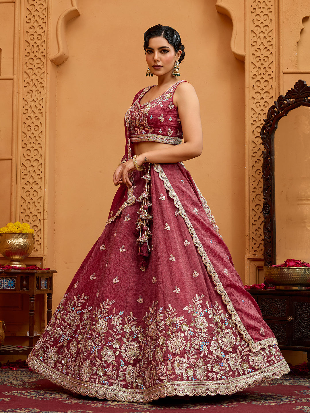 Rose Gold Tissue Lehenga Choli with Sequins, Stones & Thread Embroidery – Full-Flared Semi-Stitched Lehenga with Ethnic Dupatta
