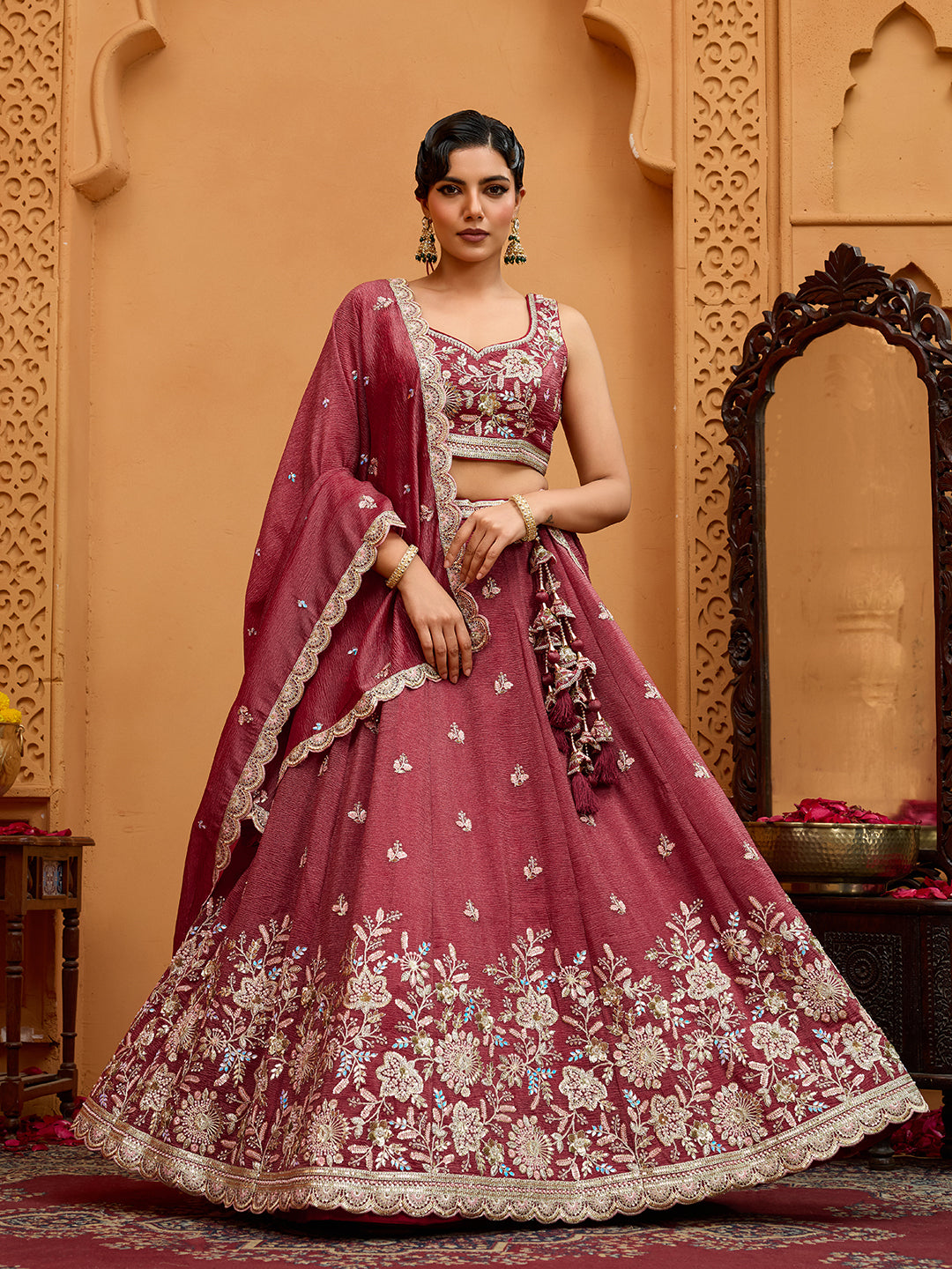 Rose Gold Tissue Lehenga Choli with Sequins, Stones & Thread Embroidery – Full-Flared Semi-Stitched Lehenga with Ethnic Dupatta