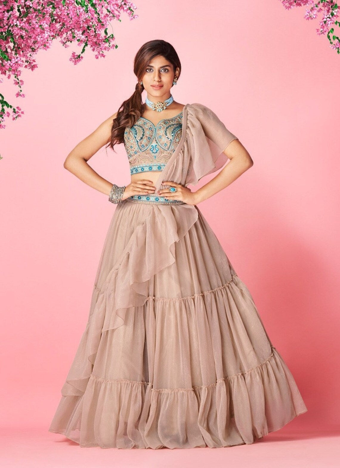 Rose Taupe Pakistani Art Silk Lehenga Choli For Indian Festival & Weddings - Thread Embroidery Work,