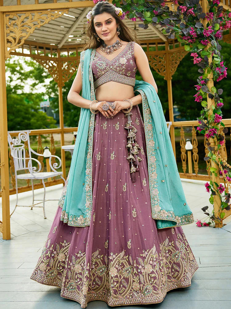 Rosegold Elegant Chiffon Sequin Embroidered Lehenga Choli Set with Ethnic Dupatta & Handmade Latkan