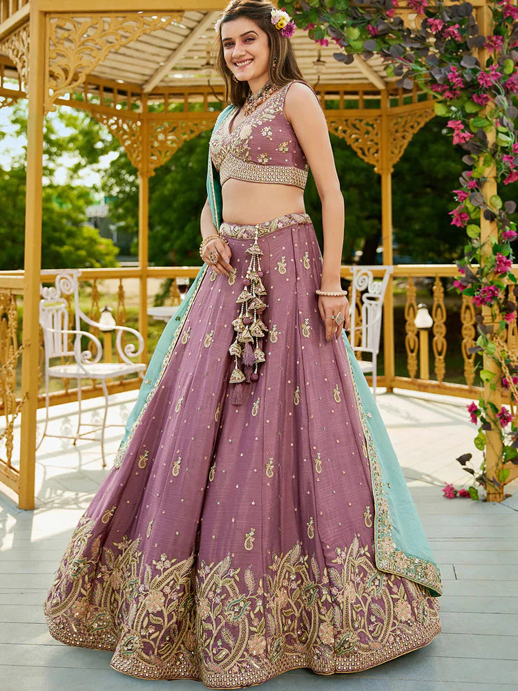 Rosegold Elegant Chiffon Sequin Embroidered Lehenga Choli Set with Ethnic Dupatta & Handmade Latkan