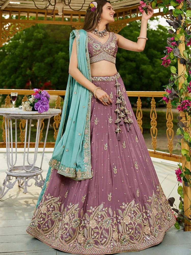 Rosegold Elegant Chiffon Sequin Embroidered Lehenga Choli Set with Ethnic Dupatta & Handmade Latkan