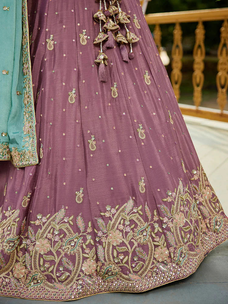 Rosegold Elegant Chiffon Sequin Embroidered Lehenga Choli Set with Ethnic Dupatta & Handmade Latkan