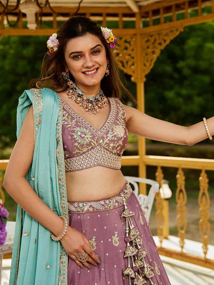 Rosegold Elegant Chiffon Sequin Embroidered Lehenga Choli Set with Ethnic Dupatta & Handmade Latkan