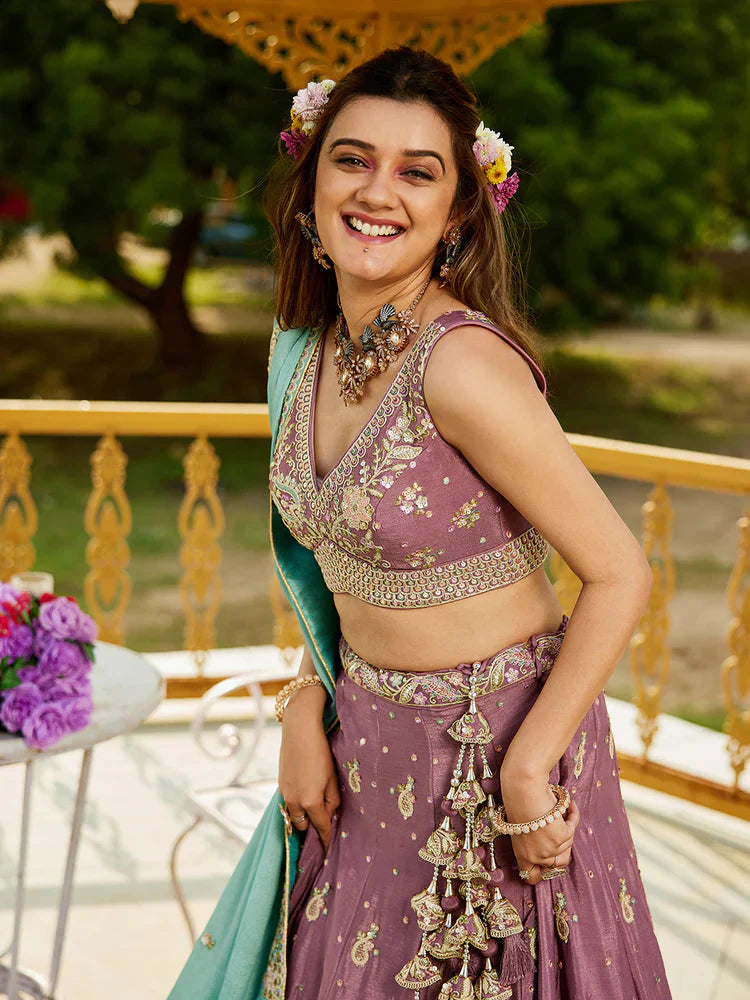 Rosegold Elegant Chiffon Sequin Embroidered Lehenga Choli Set with Ethnic Dupatta & Handmade Latkan