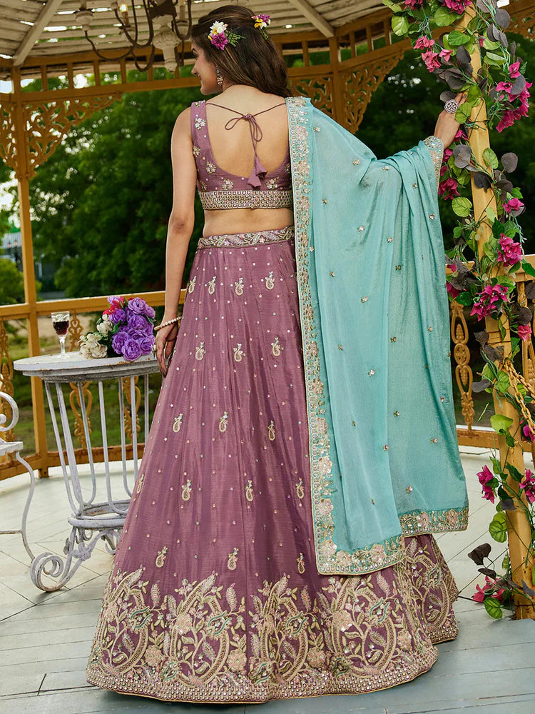 Rosegold Elegant Chiffon Sequin Embroidered Lehenga Choli Set with Ethnic Dupatta & Handmade Latkan