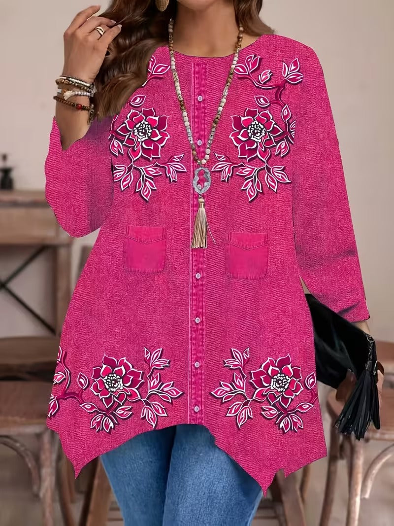 Women’s Plus Size Printed Long Sleeve Top & Stretchy Pants Set – Imitation Denim Look