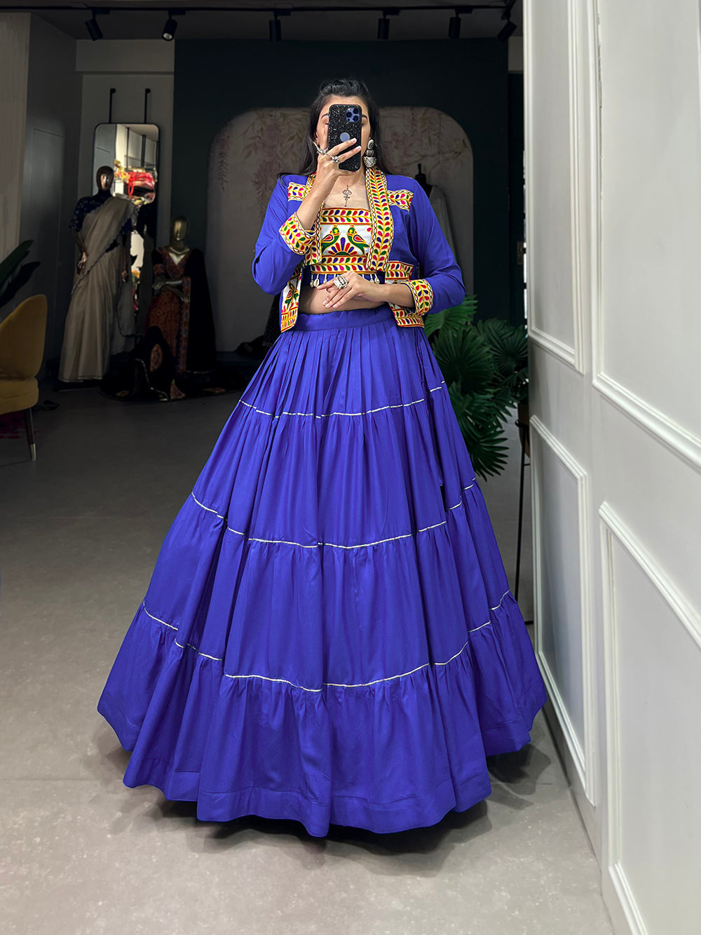 Royal Blue Color Plain With Gota Patti Rayon Garba Choli