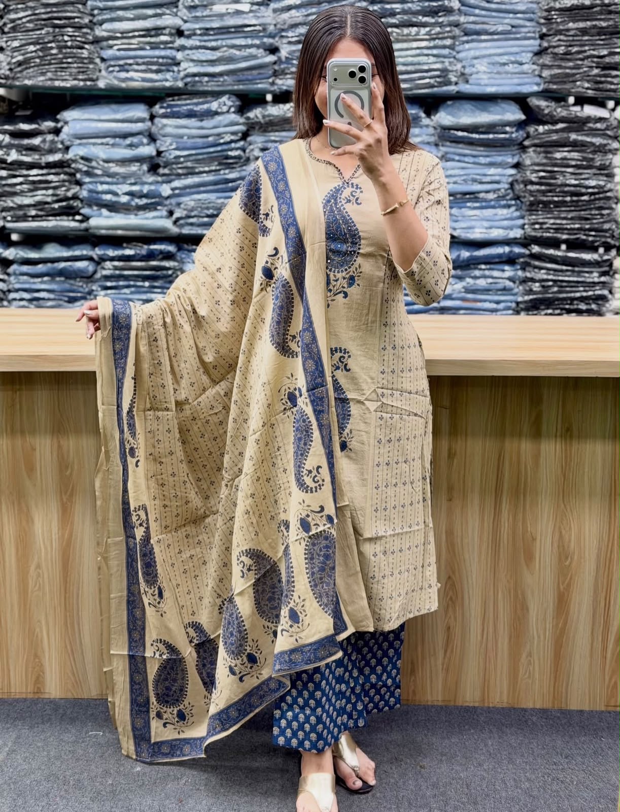 Royal Blue Cotton 60×60 Kairi Print Kurti Pant Dupatta Set