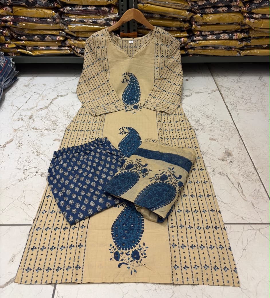 Royal Blue Cotton 60×60 Kairi Print Kurti Pant Dupatta Set