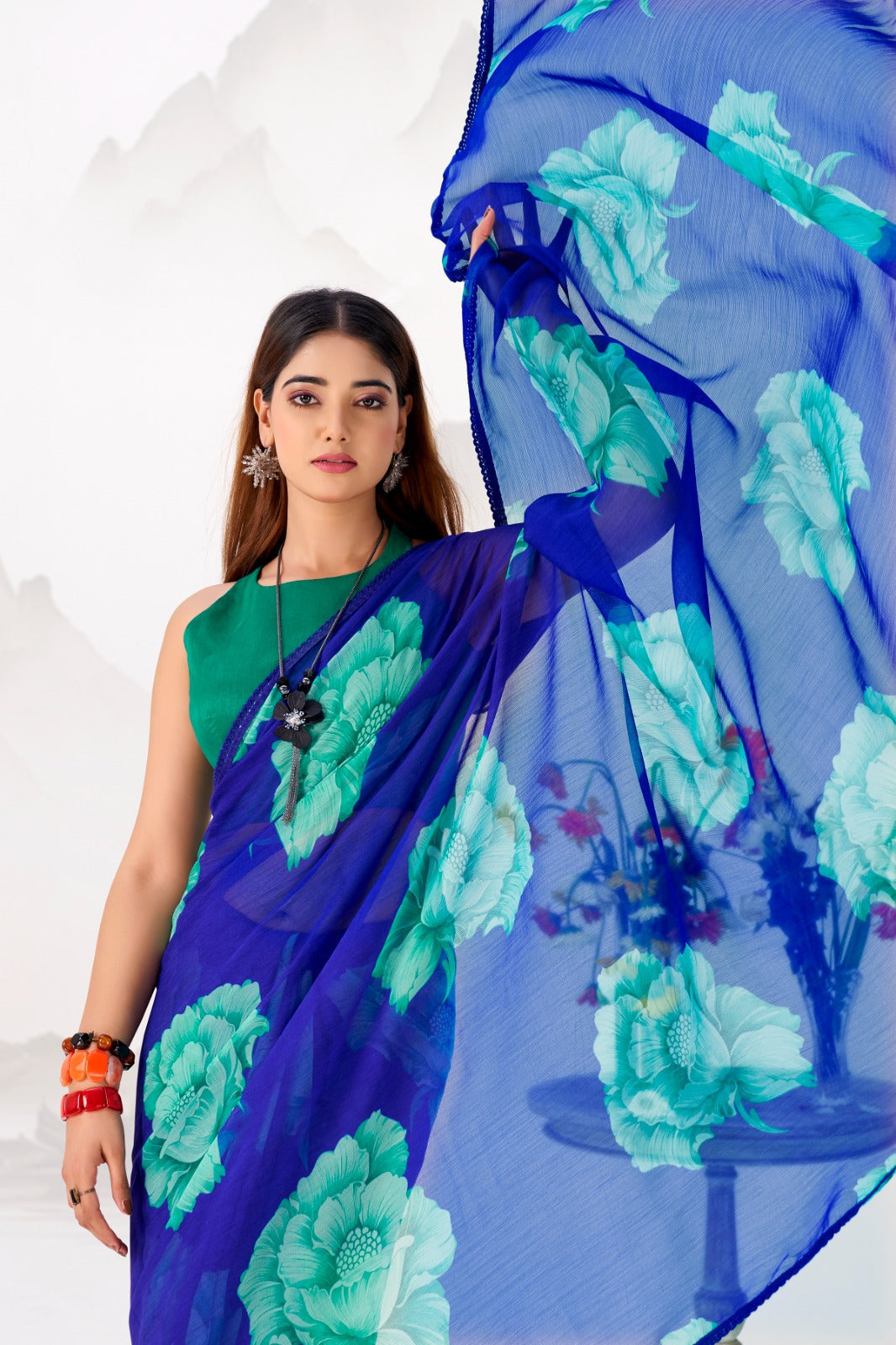 Royal Blue Elegant Chiffon Saree with Floral Print & Lace Border – Unstitched Banglory Blouse