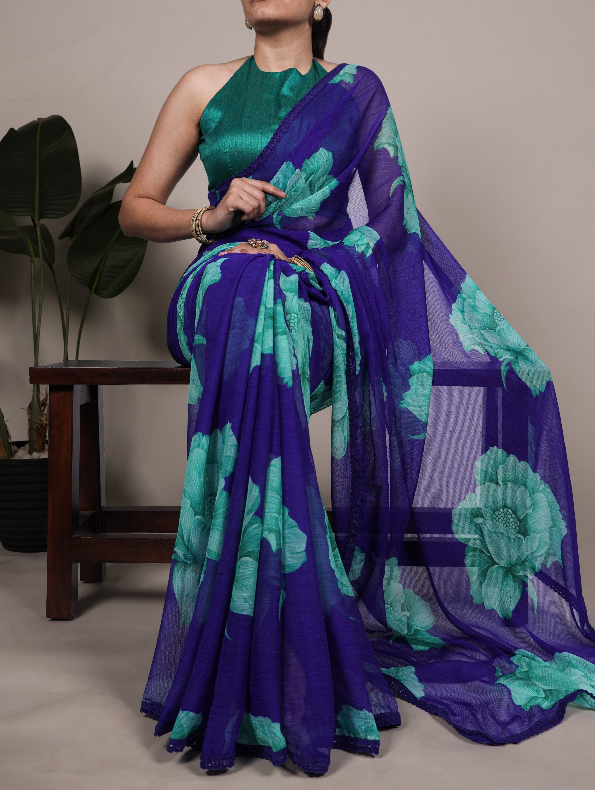 Royal Blue Elegant Chiffon Saree with Floral Print & Lace Border – Unstitched Banglory Blouse