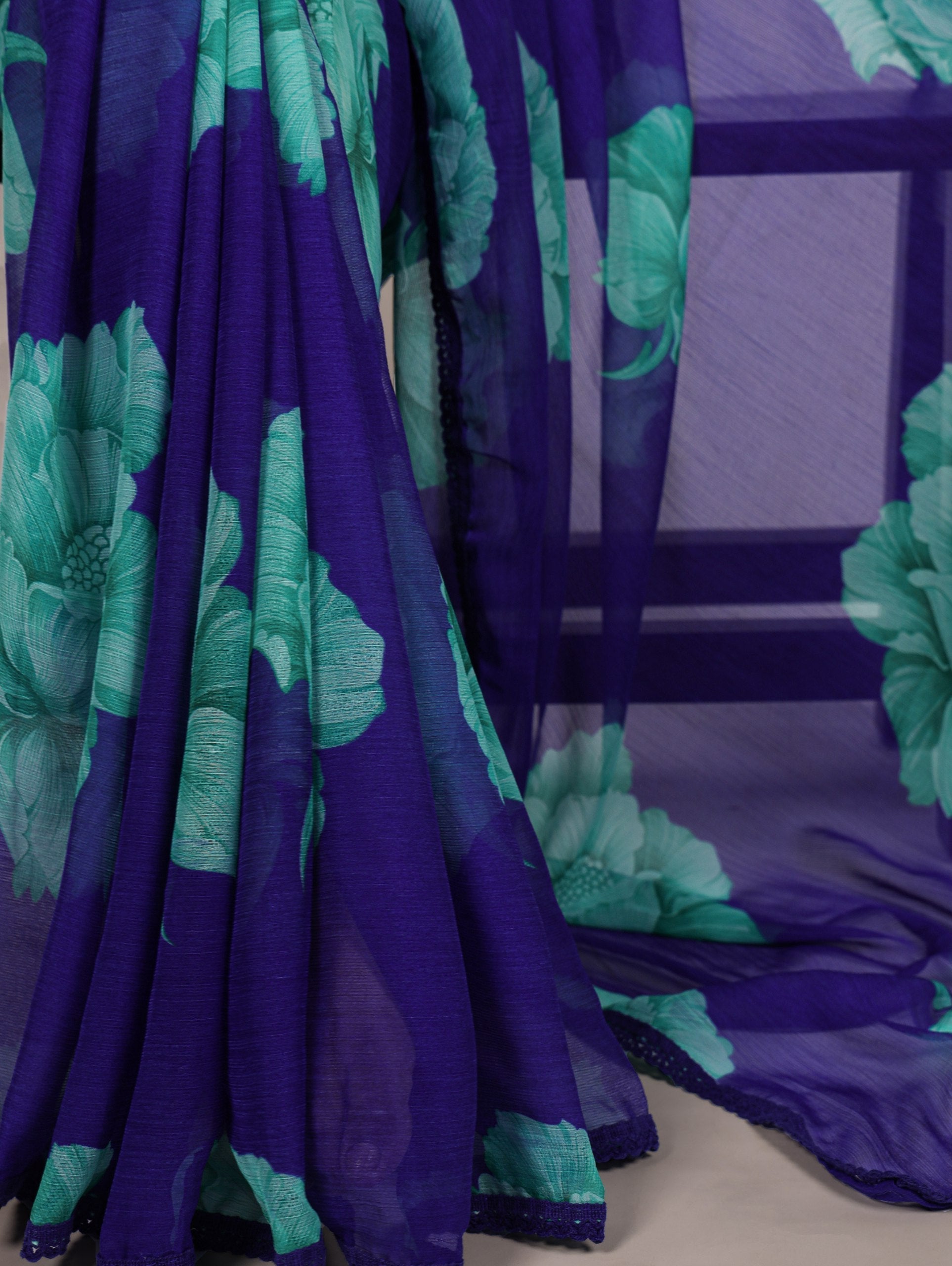 Royal Blue Elegant Chiffon Saree with Floral Print & Lace Border – Unstitched Banglory Blouse