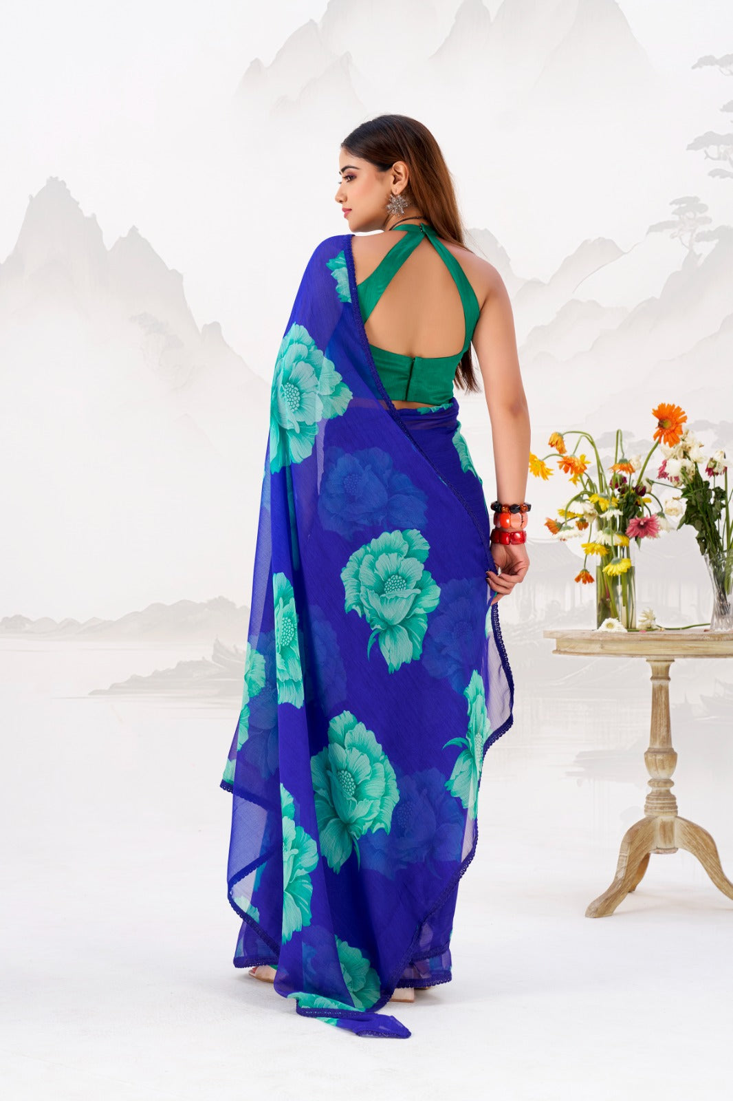 Royal Blue Elegant Chiffon Saree with Floral Print & Lace Border – Unstitched Banglory Blouse