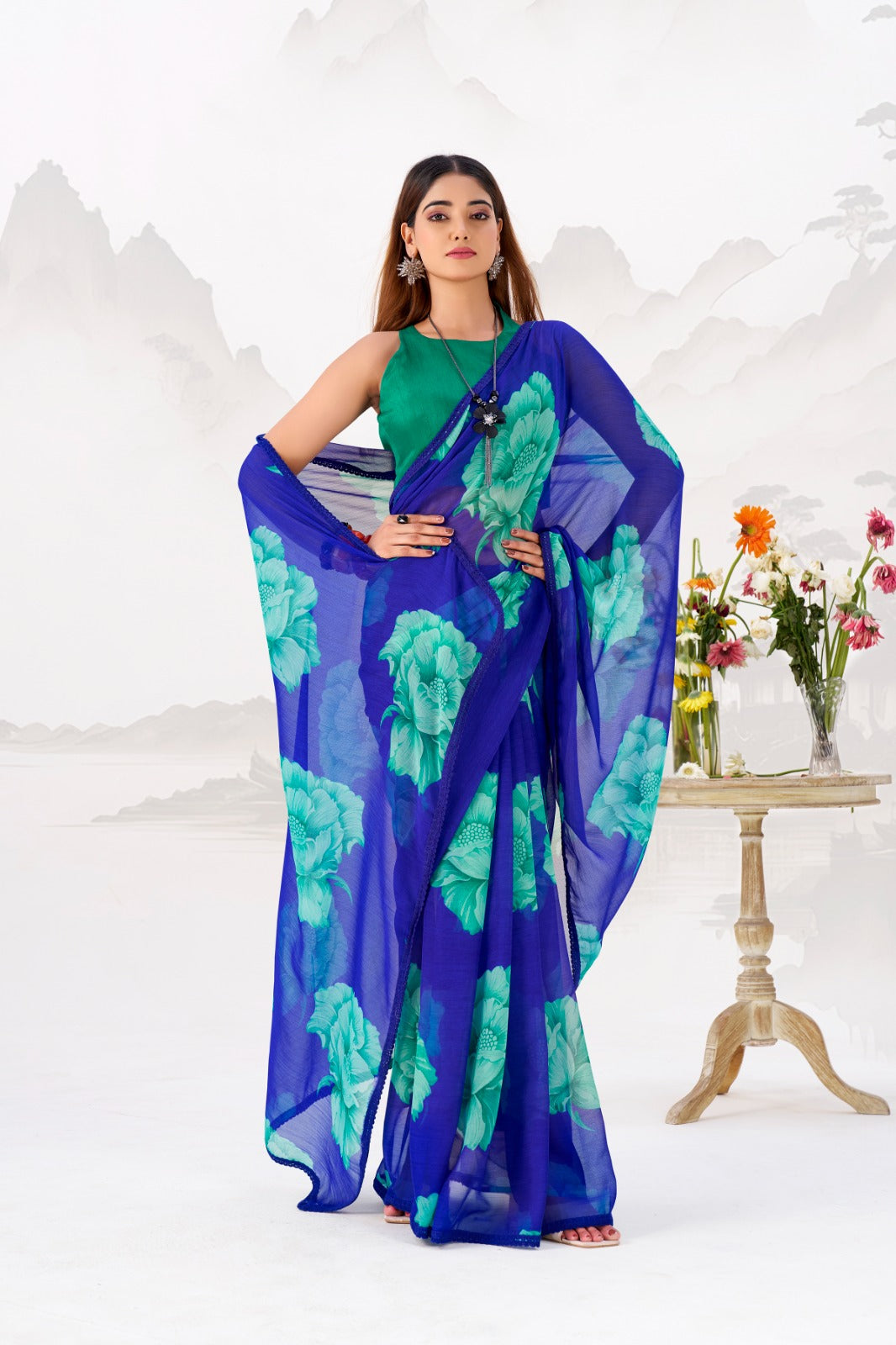 Royal Blue Elegant Chiffon Saree with Floral Print & Lace Border – Unstitched Banglory Blouse