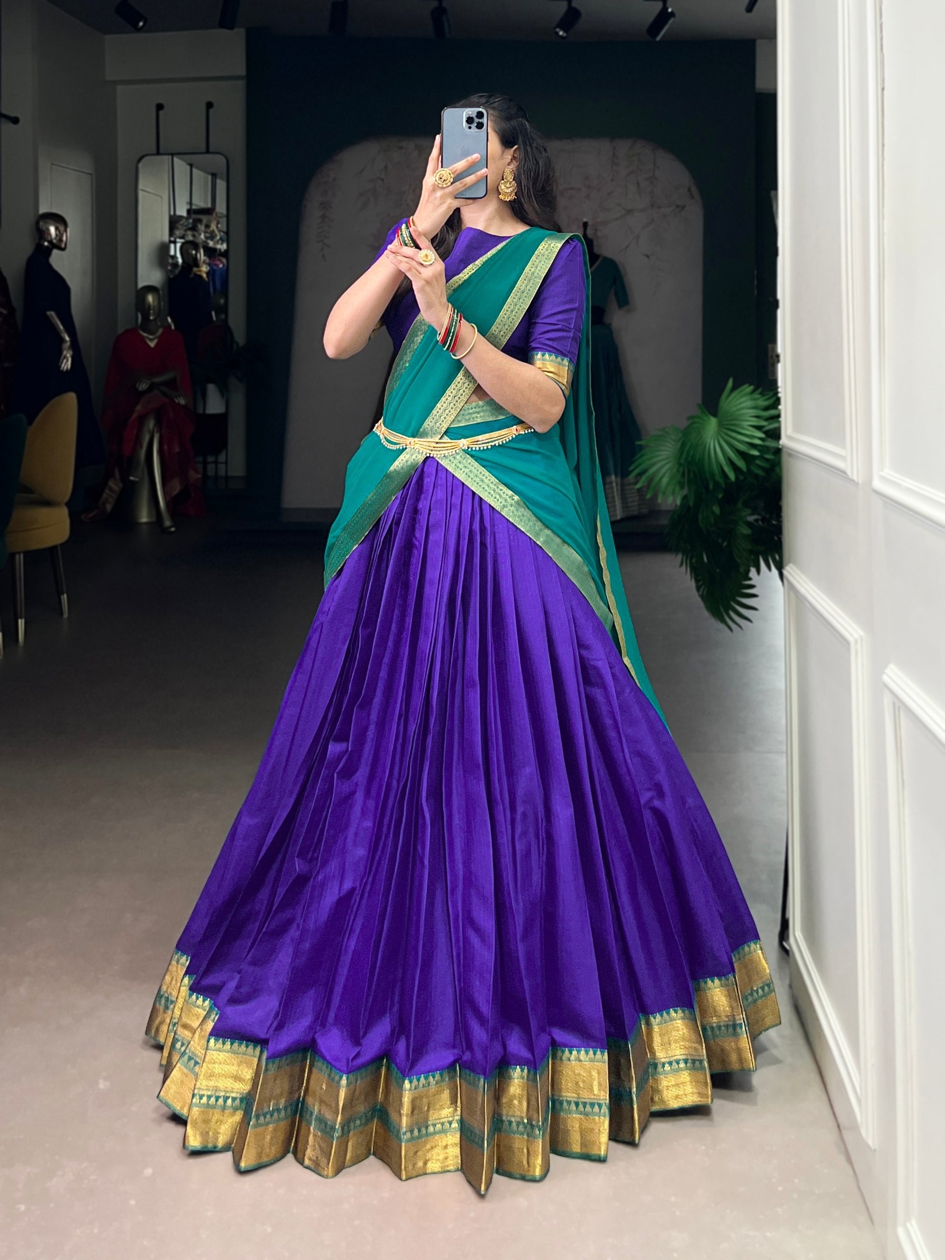 Royal Blue Elegant Poly Cotton Zari Weaving Stitched Lehenga Choli with Georgette Lace-Border Dupatta Premium Festive & Wedding Wear