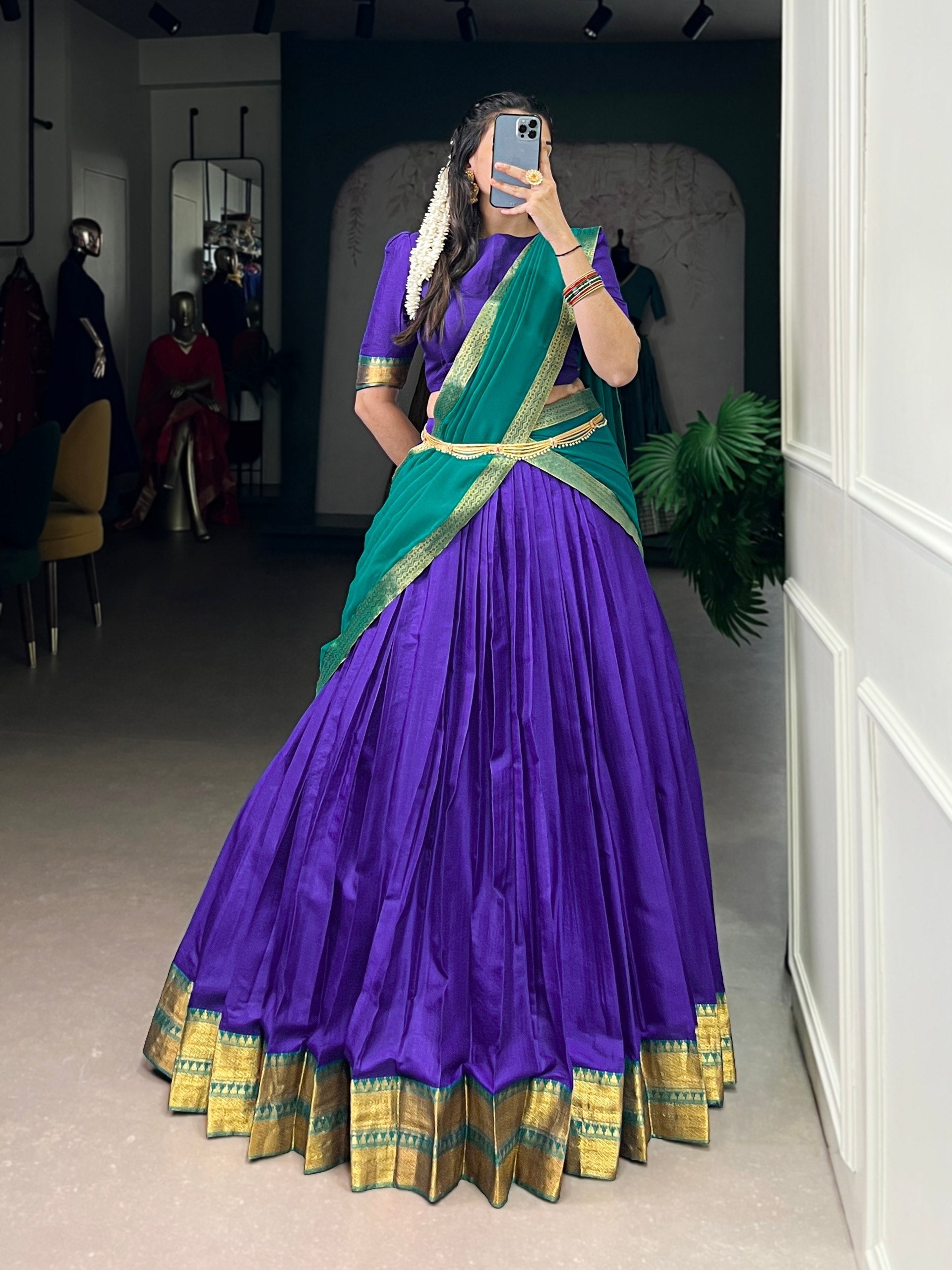 Royal Blue Elegant Poly Cotton Zari Weaving Stitched Lehenga Choli with Georgette Lace-Border Dupatta Premium Festive & Wedding Wear