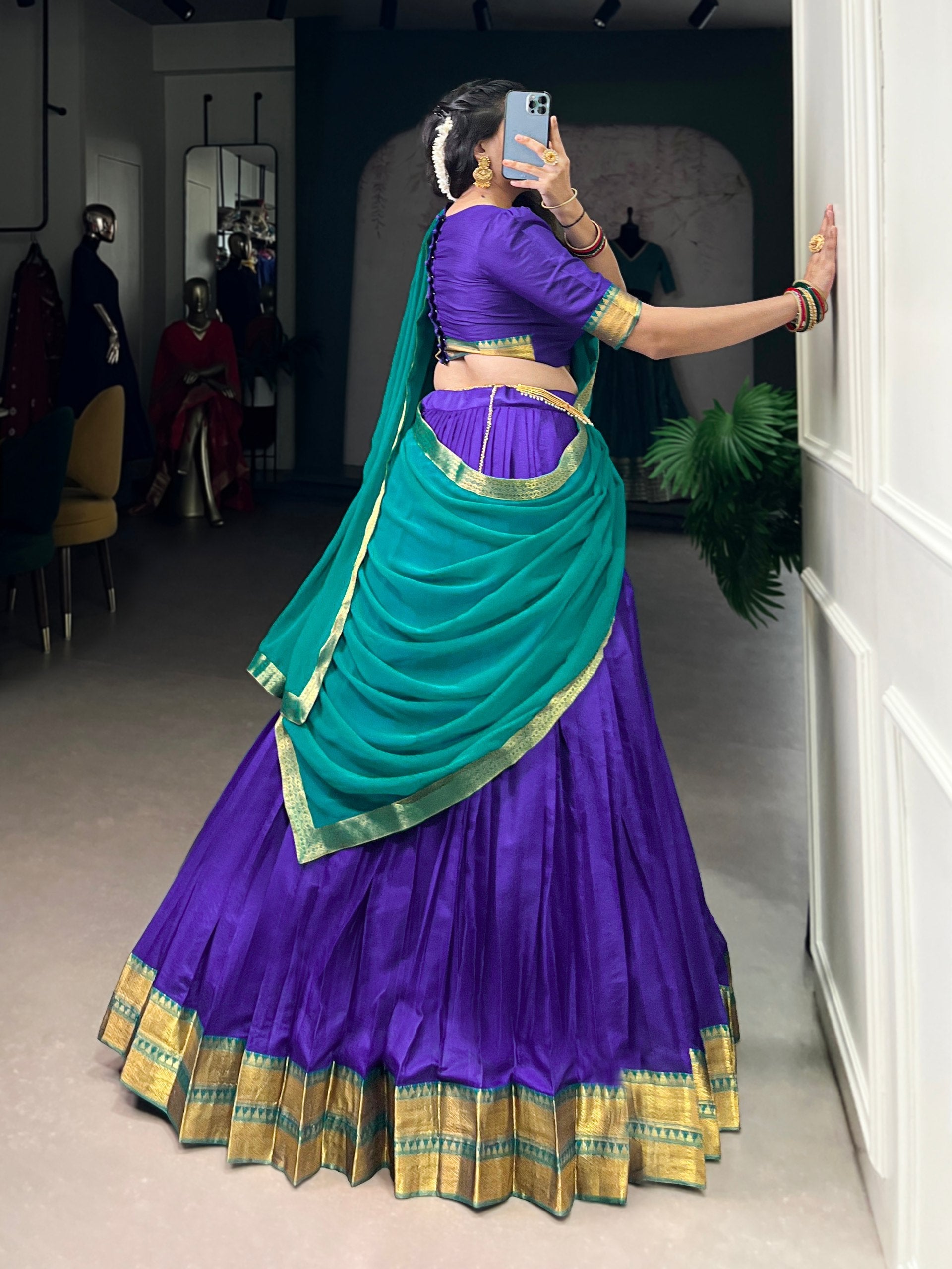 Royal Blue Elegant Poly Cotton Zari Weaving Stitched Lehenga Choli with Georgette Lace-Border Dupatta Premium Festive & Wedding Wear