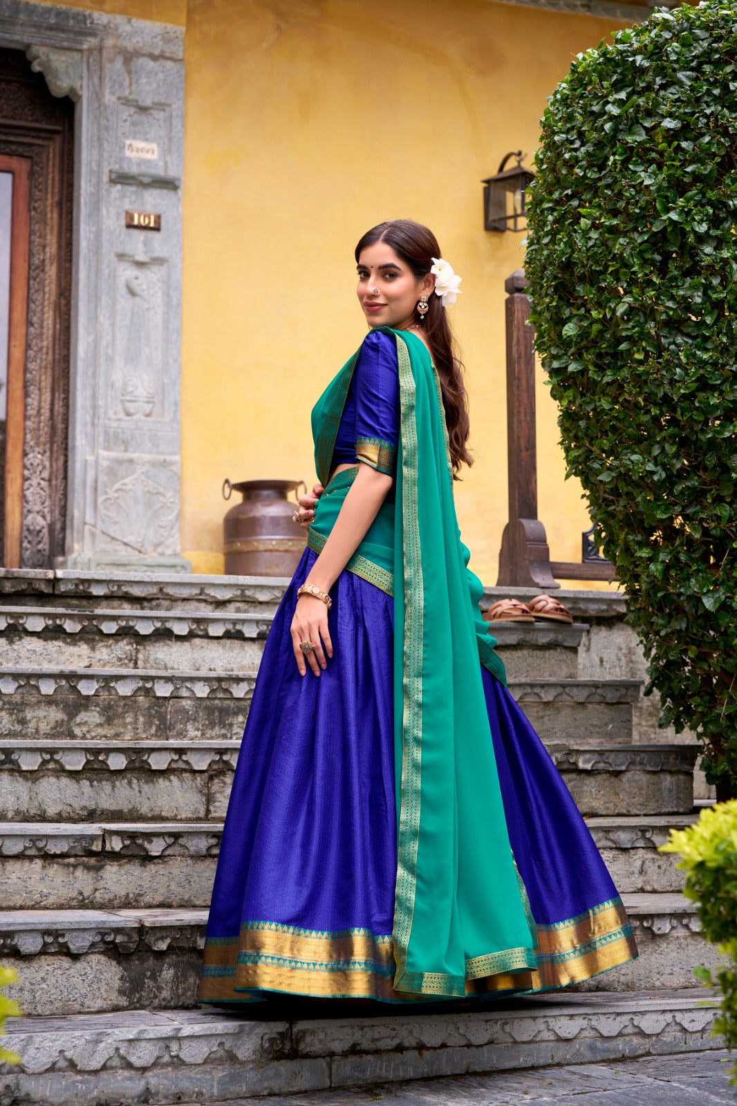Royal Blue Elegant Poly Cotton Zari Weaving Stitched Lehenga Choli with Georgette Lace-Border Dupatta Premium Festive & Wedding Wear