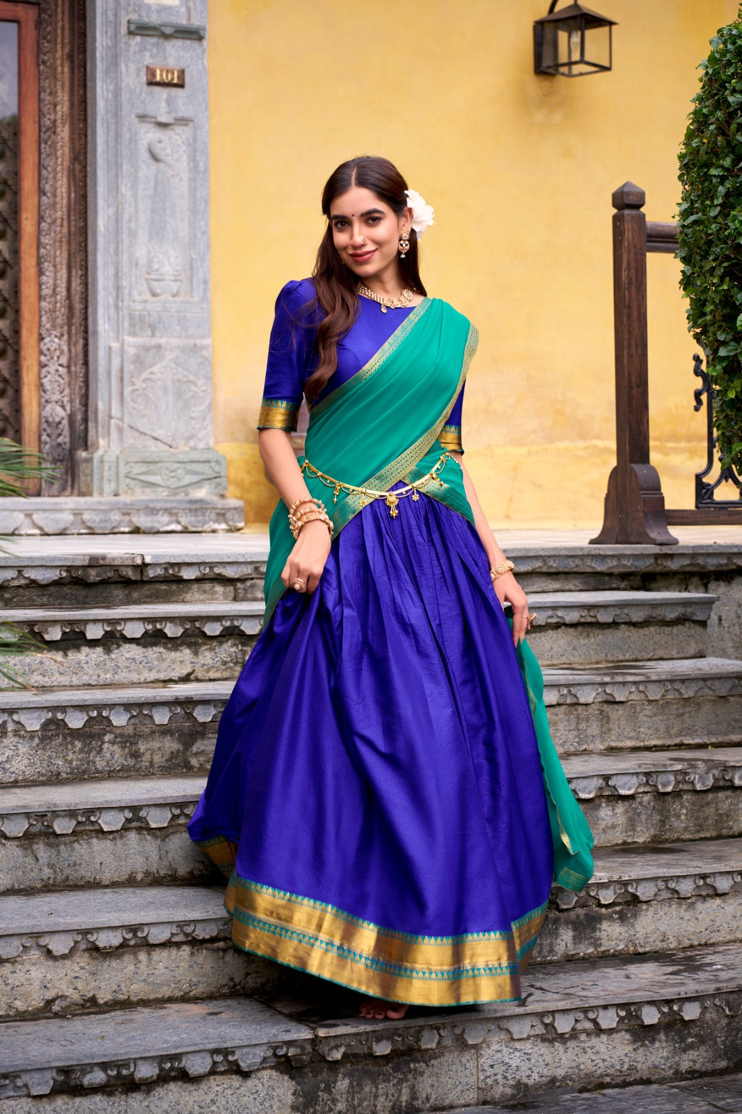 Royal Blue Elegant Poly Cotton Zari Weaving Stitched Lehenga Choli with Georgette Lace-Border Dupatta Premium Festive & Wedding Wear