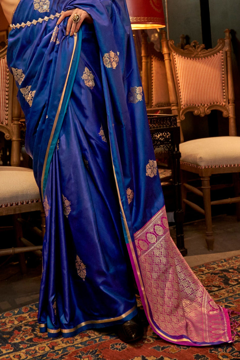 Royal Blue Elegant Satin Silk Saree – Evening Cocktail & Dinner Party Wear