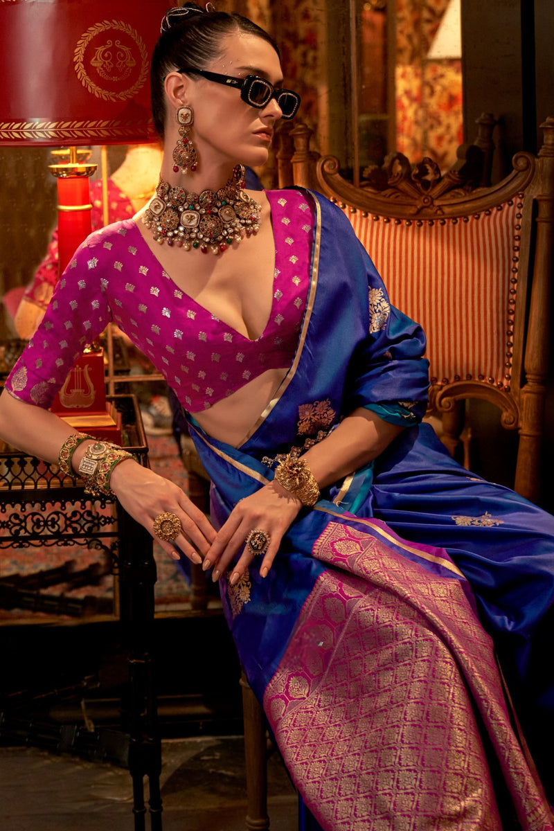 Royal Blue Elegant Satin Silk Saree – Evening Cocktail & Dinner Party Wear