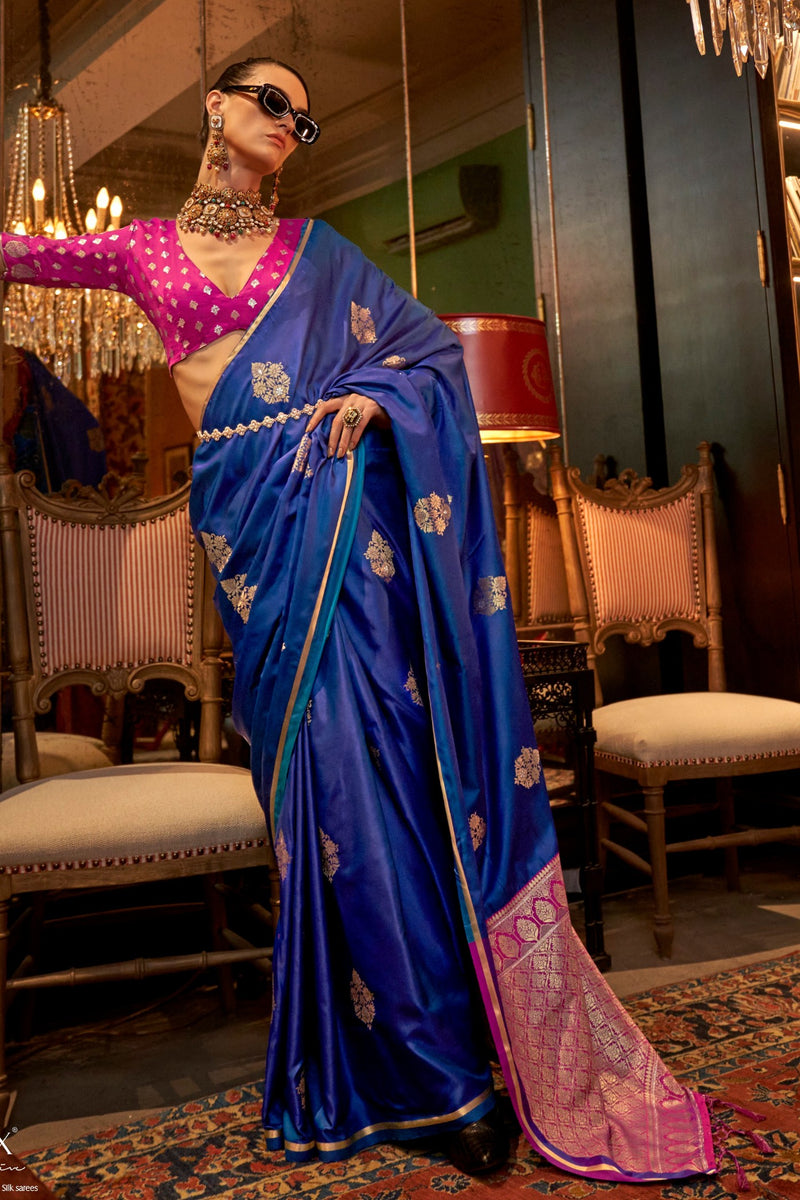 Royal Blue Elegant Satin Silk Saree – Evening Cocktail & Dinner Party Wear