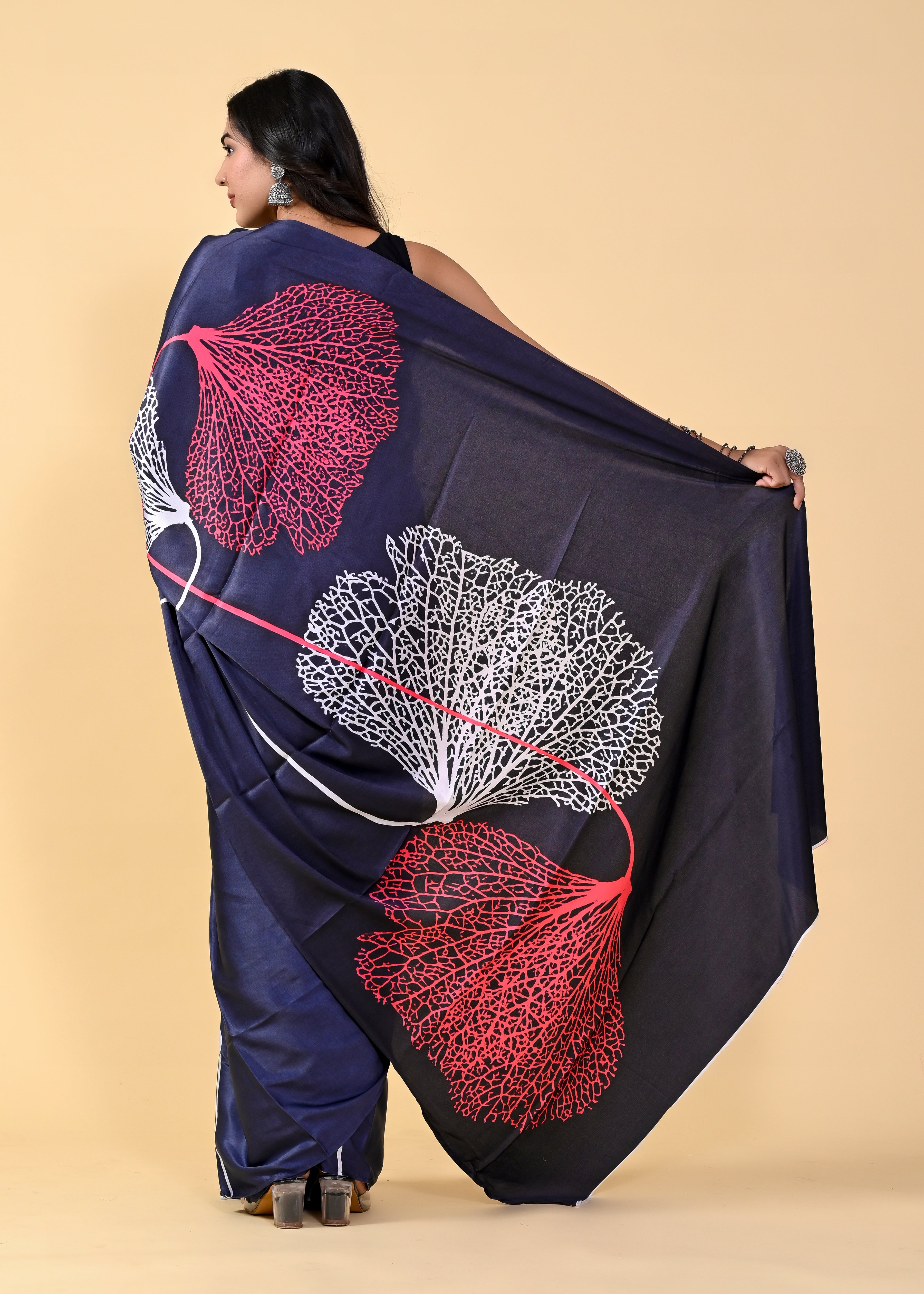 Royal Blue Floral Digital Printed Heavy Satin Silk Saree with Silk Blouse