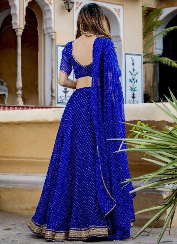 Royal Blue Georgette Printed Lehenga Choli Set with Gota Patti Work & Lace Border Dupatta