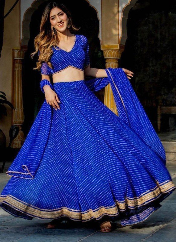 Royal Blue Georgette Printed Lehenga Choli Set with Gota Patti Work & Lace Border Dupatta