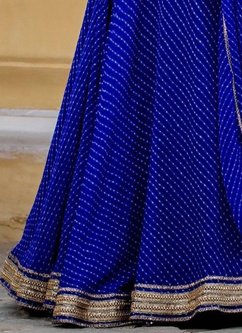 Royal Blue Georgette Printed Lehenga Choli Set with Gota Patti Work & Lace Border Dupatta